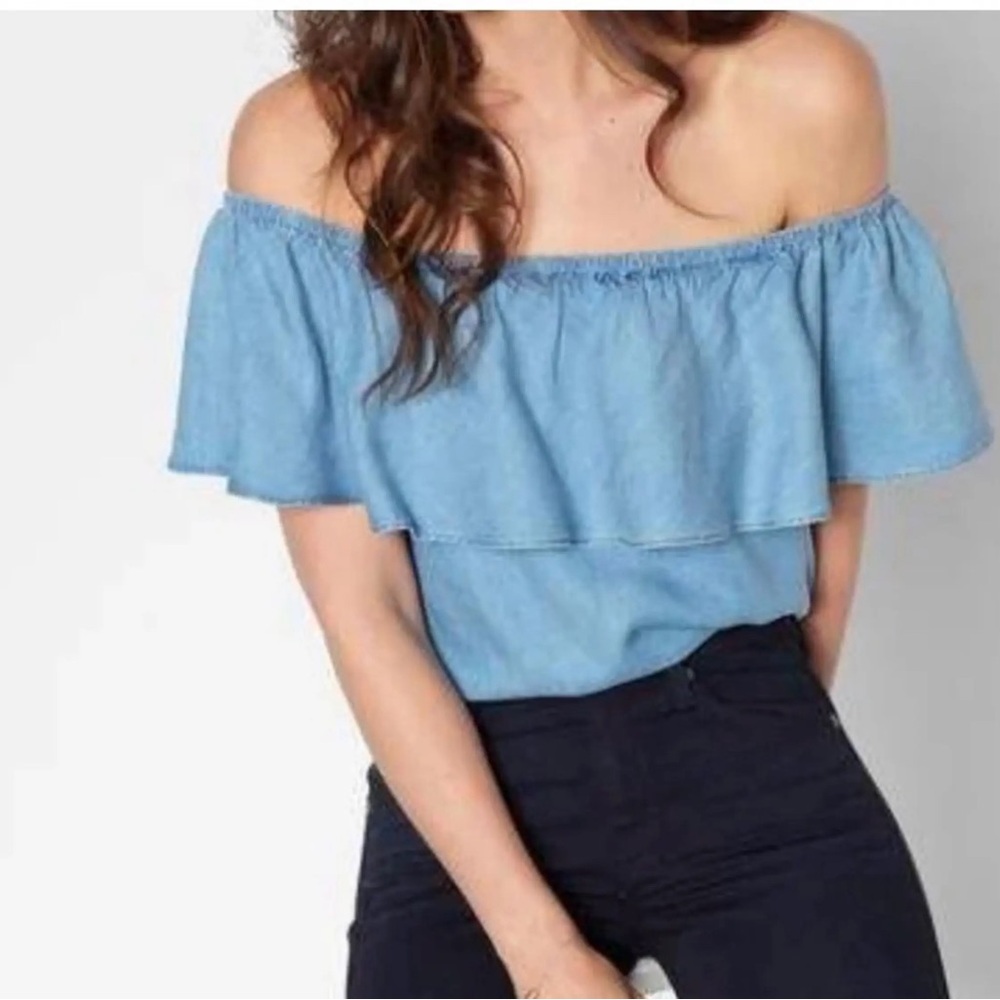 7 For All Mankind Off-Shoulder Chambray Top